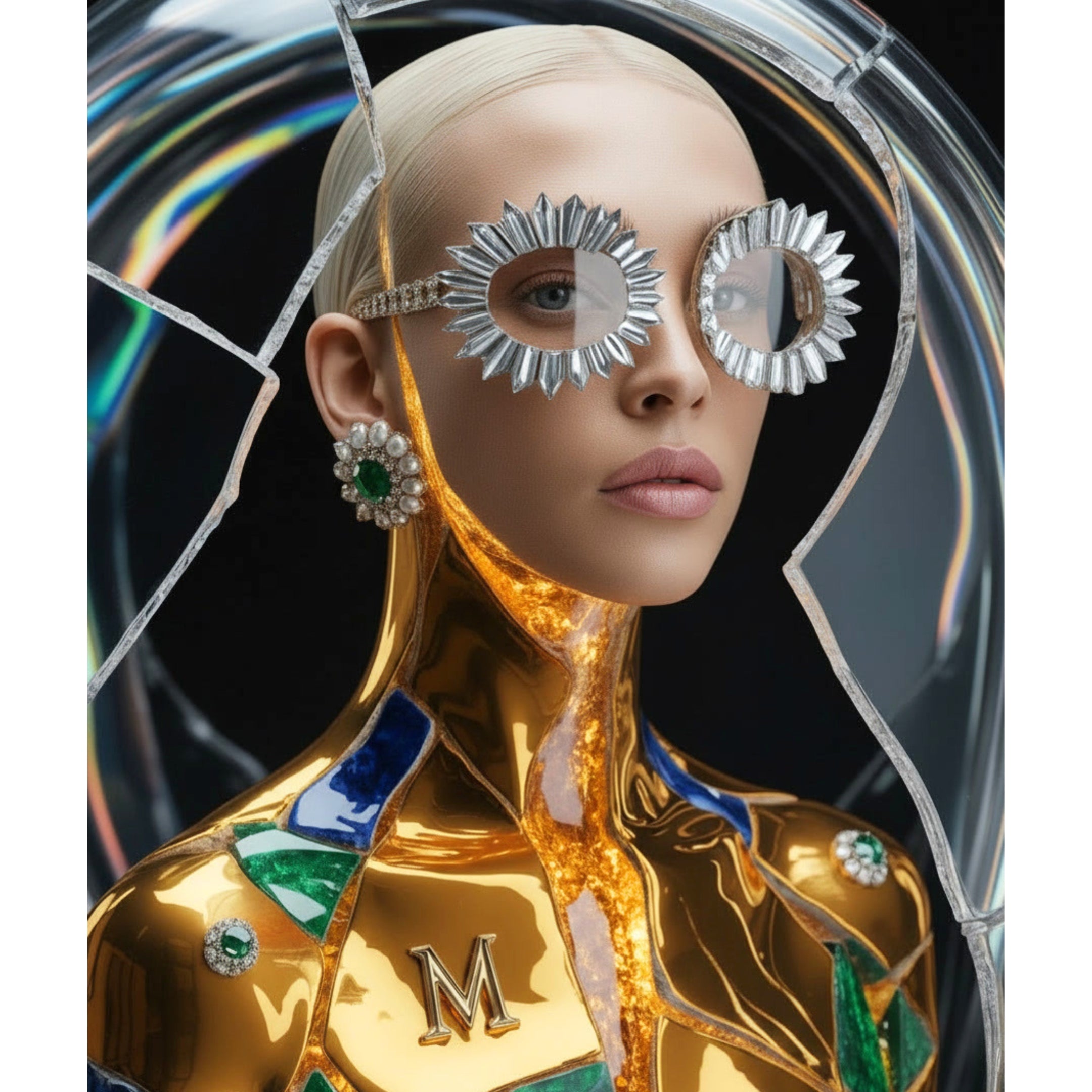 A stylized portrait of a person with platinum-blonde hair wearing distinctive silver sunburst-shaped eyewear and matching green-and-silver earrings, set against a dark background with iridescent circular glass-like forms.