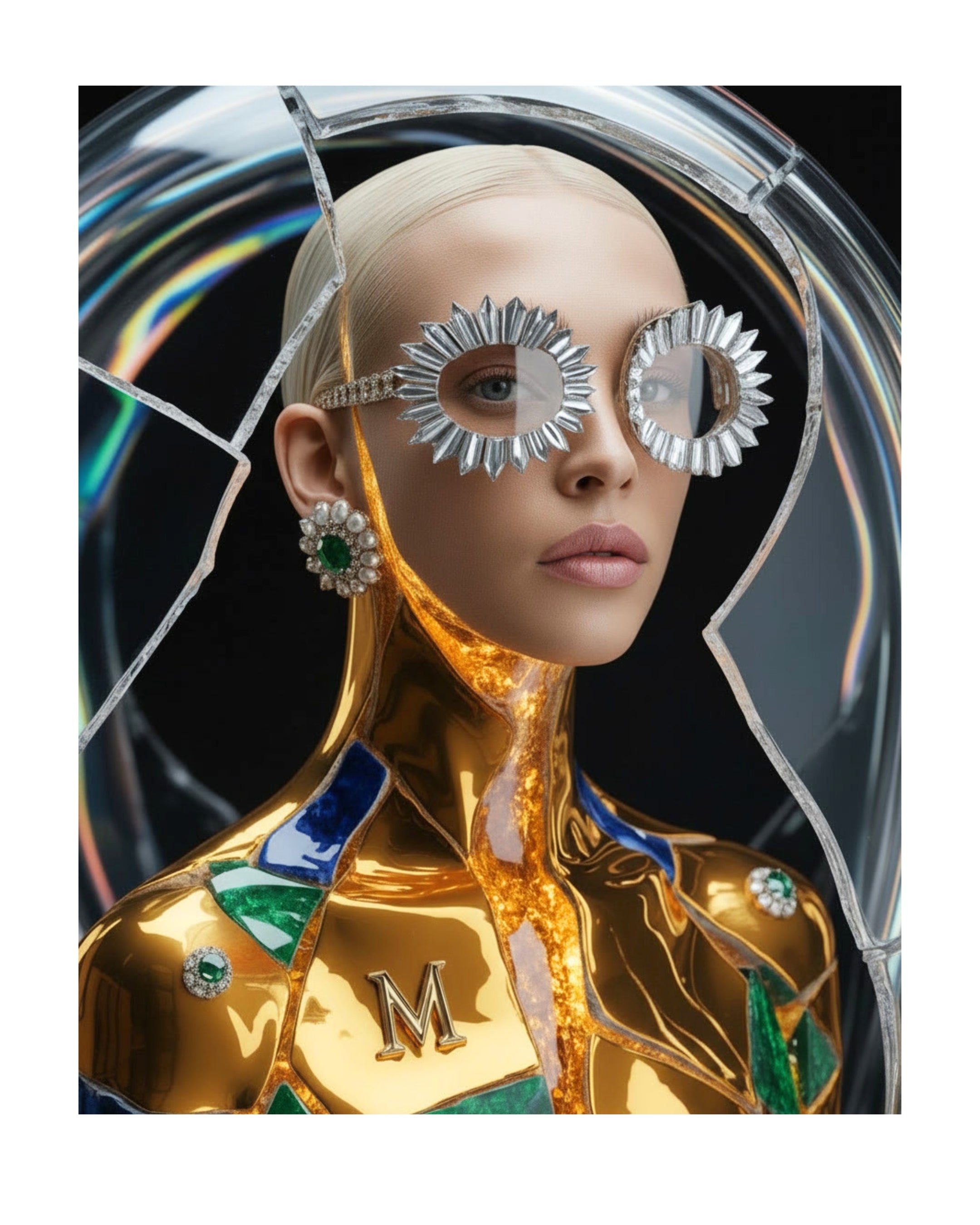 A stylized portrait of a person with platinum-blonde hair wearing distinctive silver sunburst-shaped eyewear and matching green-and-silver earrings, set against a dark background with iridescent circular glass-like forms.