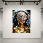 A large wall-mounted artwork in a gallery setting, showing a stylized portrait of a platinum blonde woman with a metallic gold body, and silver starburst-shaped sunglasses, and colourful broken glass abstract circular elements in the background reminding of the ancient art of Kintsugi.