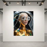 A large wall-mounted artwork in a gallery setting, showing a stylized portrait of a platinum blonde woman with a metallic gold body, and silver starburst-shaped sunglasses, and colourful broken glass abstract circular elements in the background reminding of the ancient art of Kintsugi.