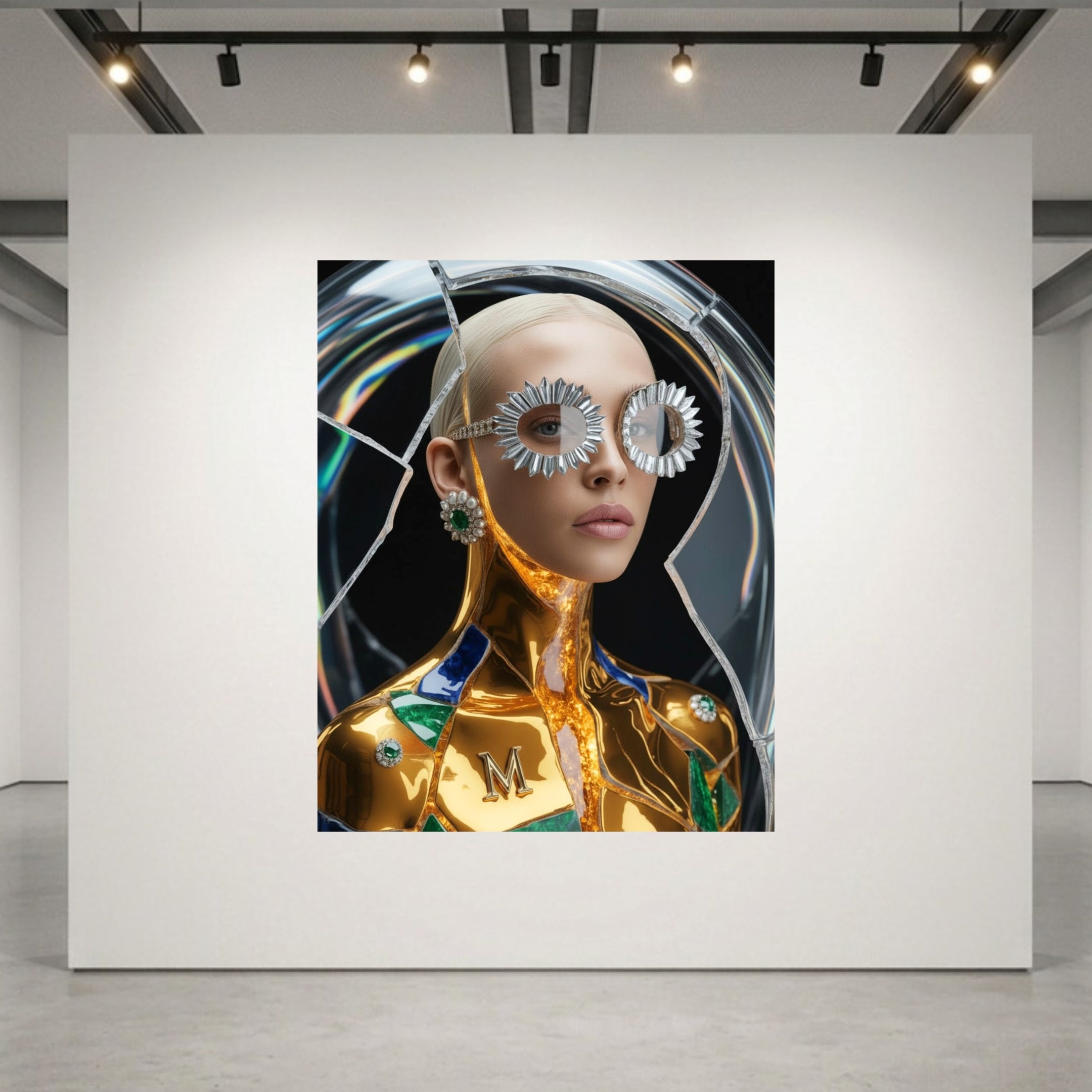 A large wall-mounted artwork in a gallery setting, showing a stylized portrait of a platinum blonde woman with a metallic gold body, and silver starburst-shaped sunglasses, and colourful broken glass abstract circular elements in the background reminding of the ancient art of Kintsugi.