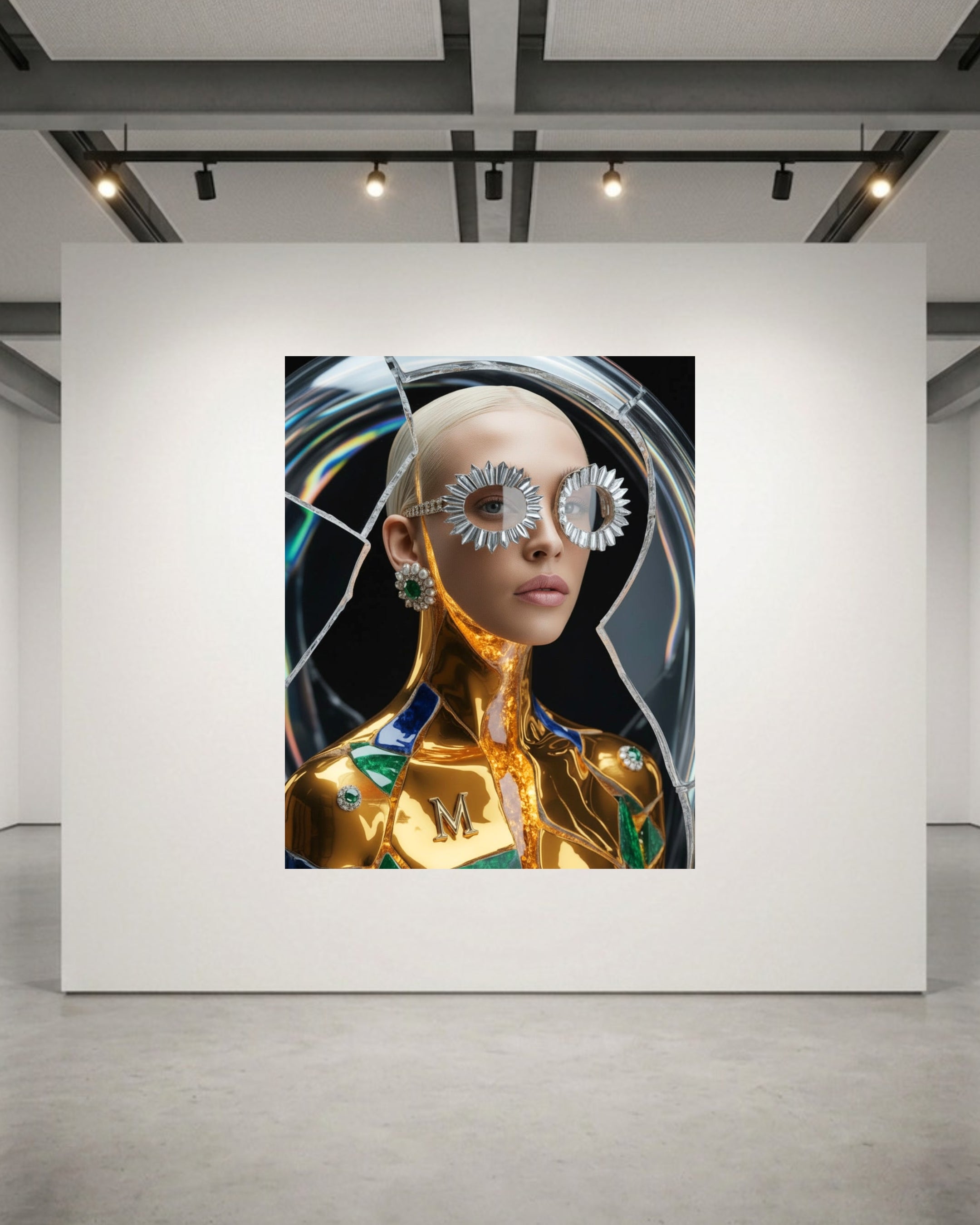 A large wall-mounted artwork in a gallery setting, showing a stylized portrait of a platinum blonde woman with a metallic gold body, and silver starburst-shaped sunglasses, and colourful broken glass abstract circular elements in the background reminding of the ancient art of Kintsugi.