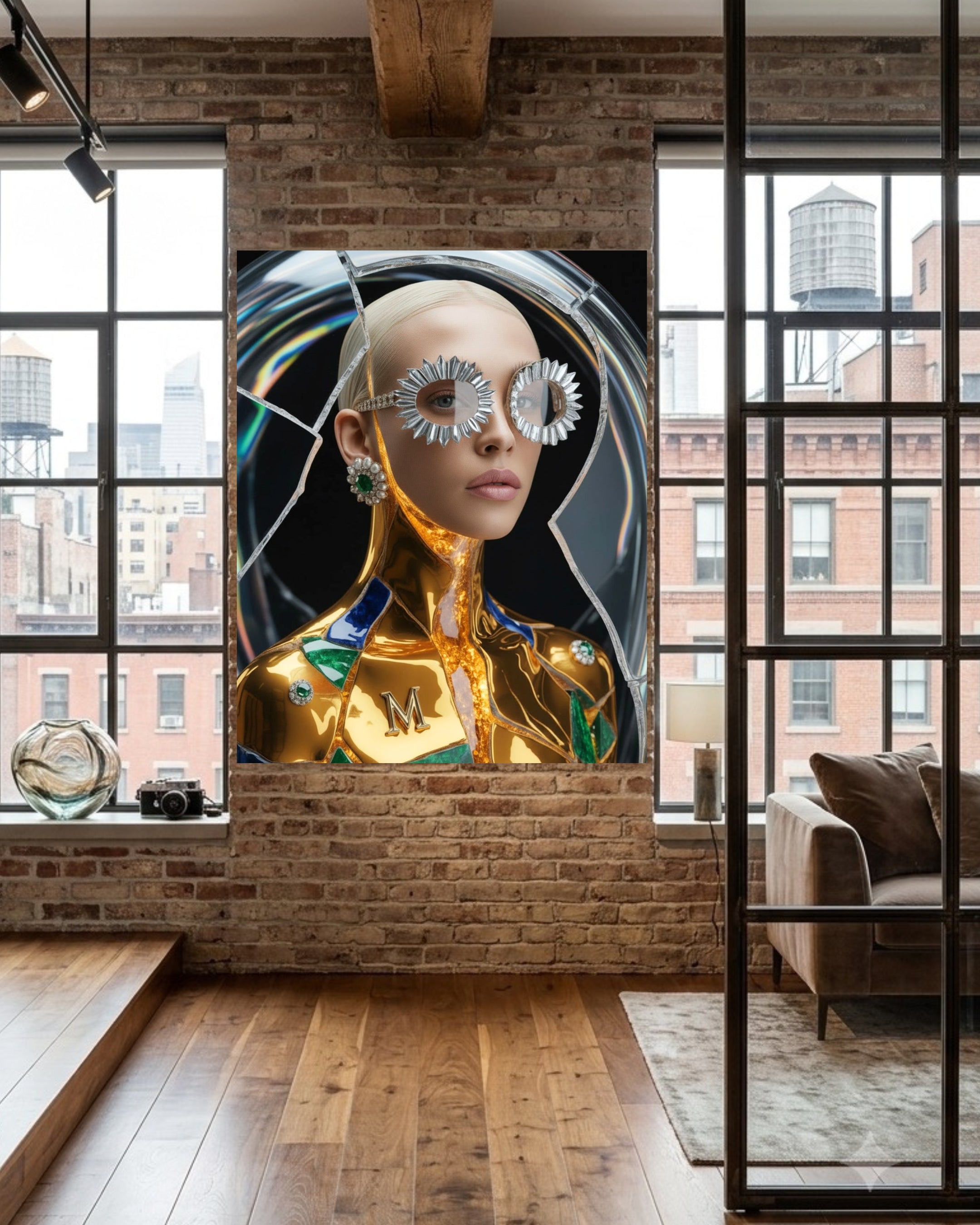 A large wall art print or poster displayed in a modern loft-style room with exposed brick walls, wood floors, and large windows. The artwork depicts a stylized portrait of a platinum blonde  woman with metallic gold skin, silver flower-shaped sunglasses, and green and blue accents against a dark circular background.
