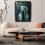 MizDragonfly Muse Artwork Featuring a Woman with Red Lips Origami Style in a Forest Scenery set in a Black Wood Frame in Modern Living Room