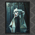 MizDragonfly Muse Artwork Featuring a Woman with Red Lips Origami Style in a Forest Scenery set in a Black Wood Frame on Wallpaper Wall