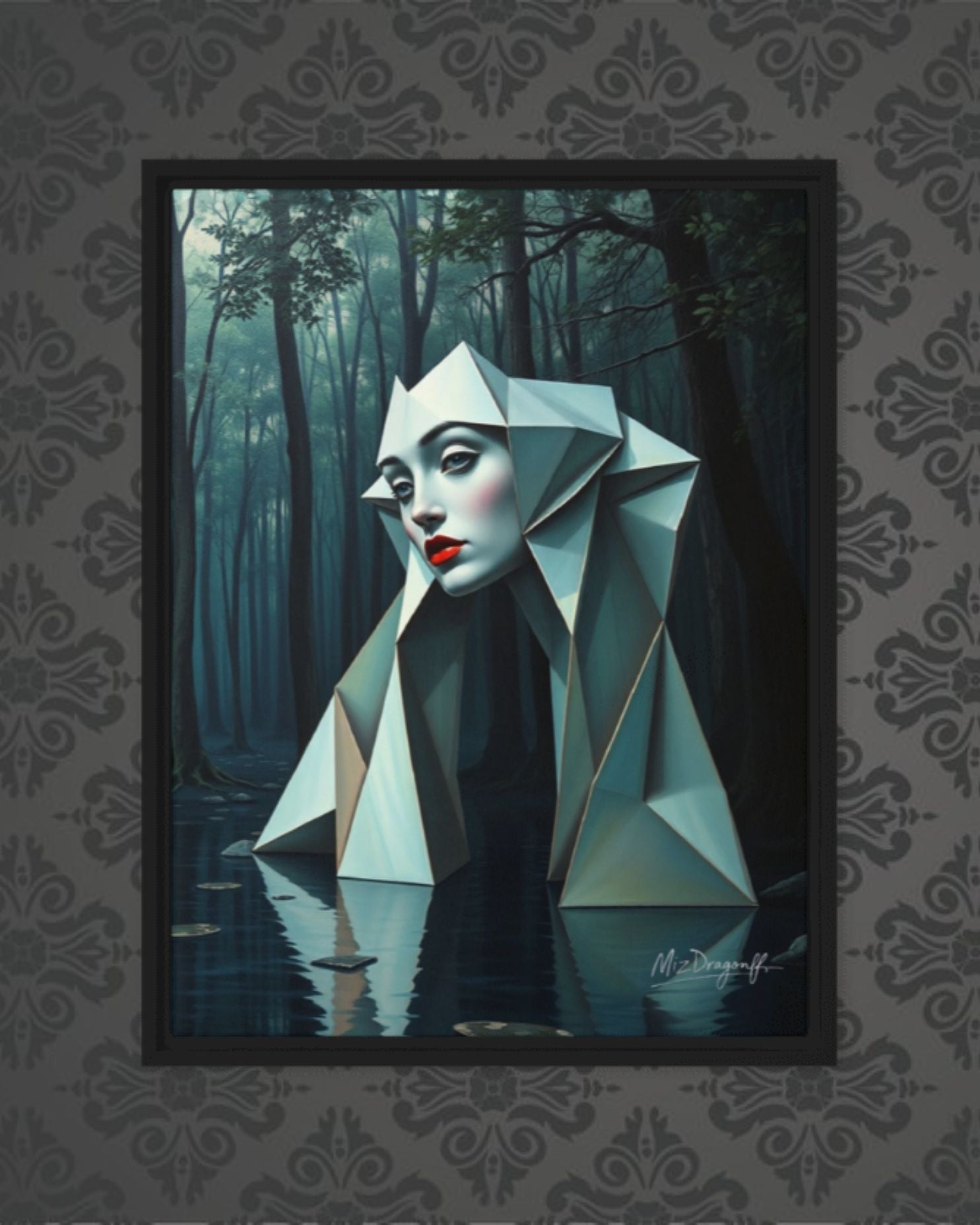 MizDragonfly Muse Artwork Featuring a Woman with Red Lips Origami Style in a Forest Scenery set in a Black Wood Frame on Wallpaper Wall