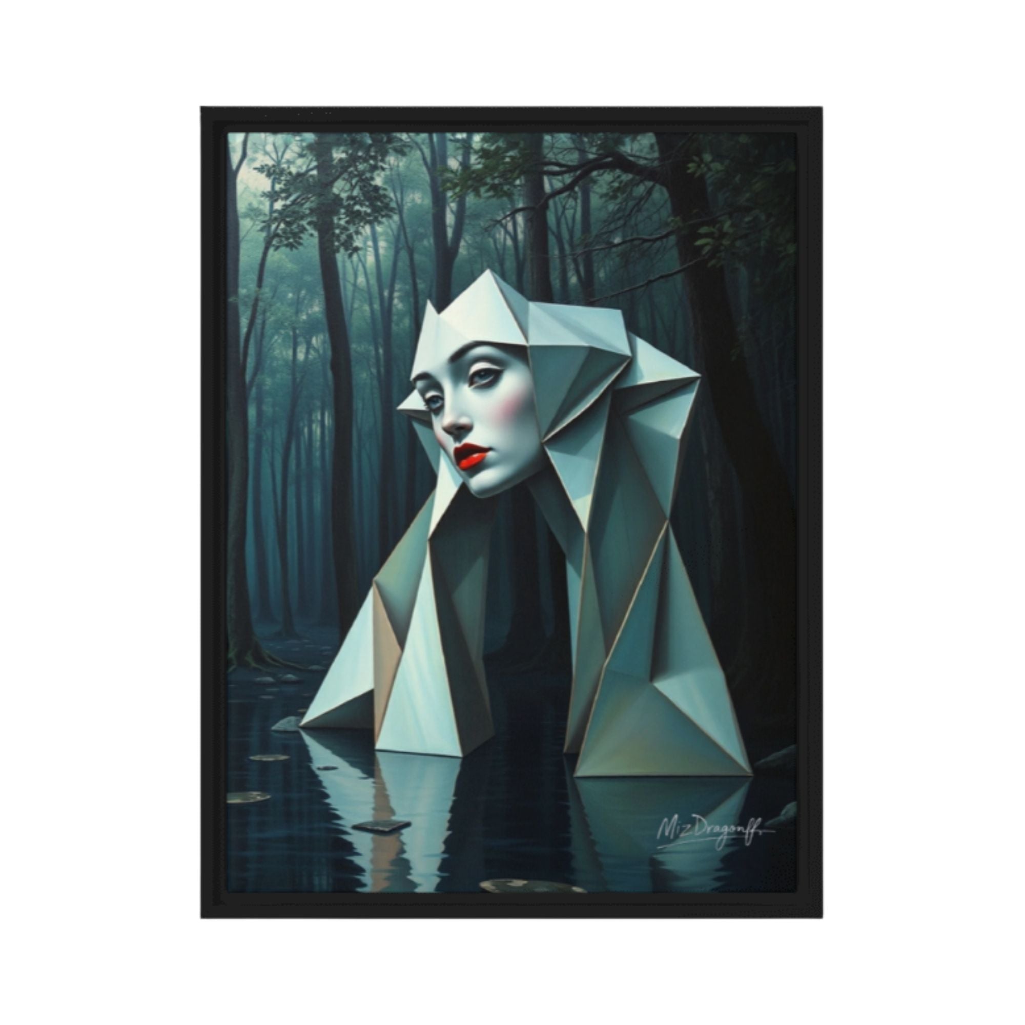 MizDragonfly Muse Artwork Featuring a Woman with Red Lips Origami Style in a Forest Scenery set in a Black Wood Frame on White Background
