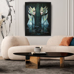MizDragonfly Muse Dual Woman Wood Framed Origami Artwork in Modern Living Room