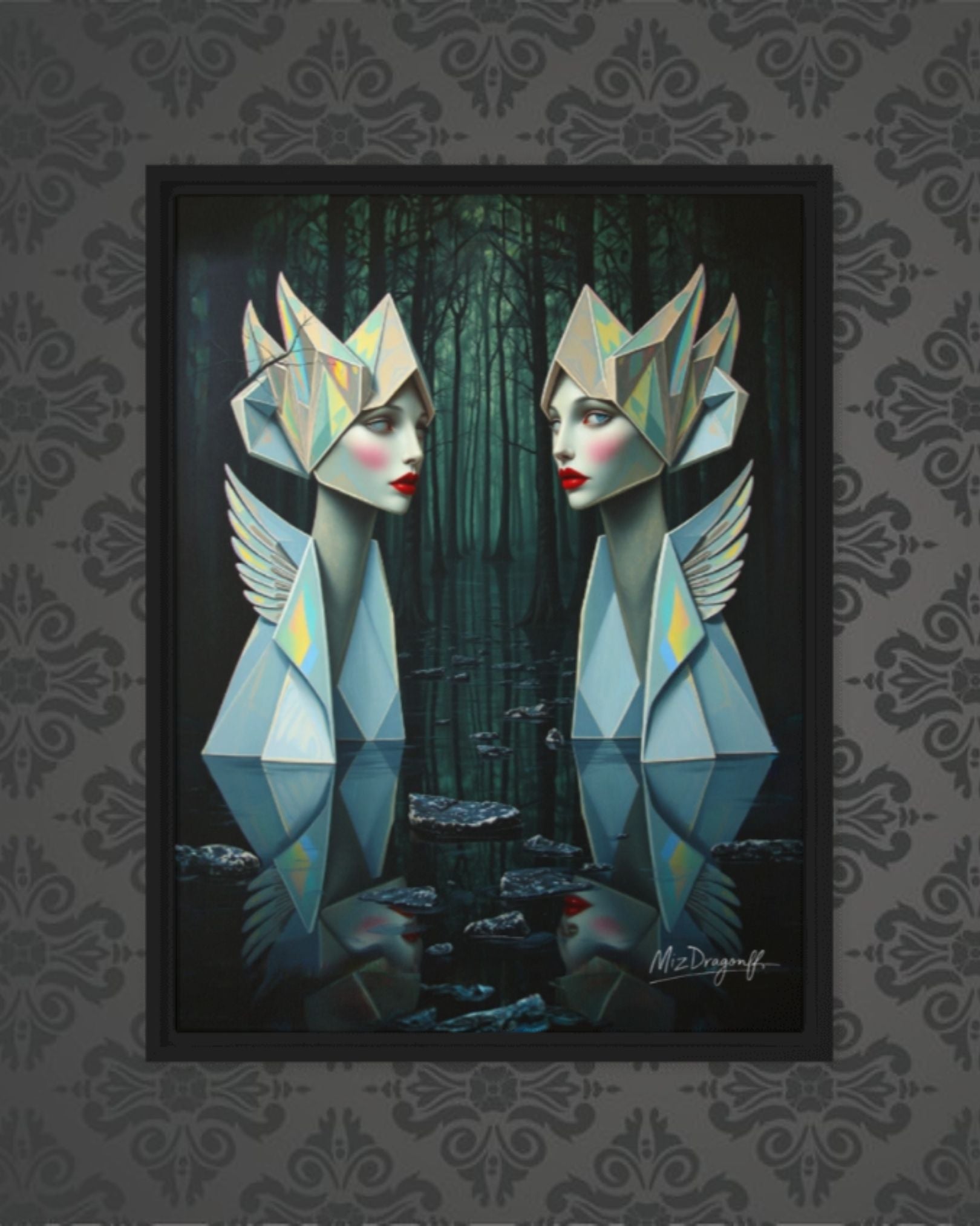MizDragonfly Muse Dual Woman Wood Framed Origami Artwork on Wallapared Wall