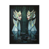 MizDragonfly Muse Dual Woman Wood Framed Origami Artwork on White Background
