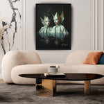 MizDragonfly Muse Artwork Featuring Two Women with Red Lips in a Forest Scenery set in Black Wood Frame in Modern Living Room