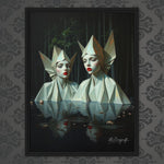MizDragonfly Muse Artwork Featuring Two Women with Red Lips in a Forest Scenery set in Black Wood Frame on Wallpaper Wall