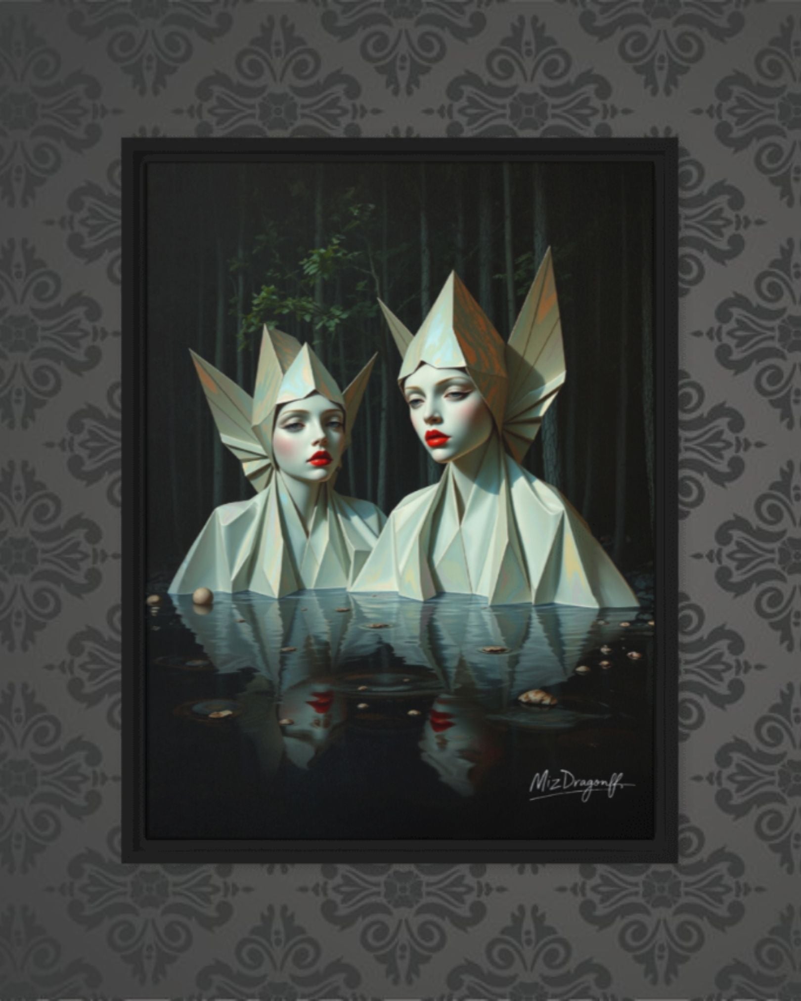 MizDragonfly Muse Artwork Featuring Two Women with Red Lips in a Forest Scenery set in Black Wood Frame on Wallpaper Wall