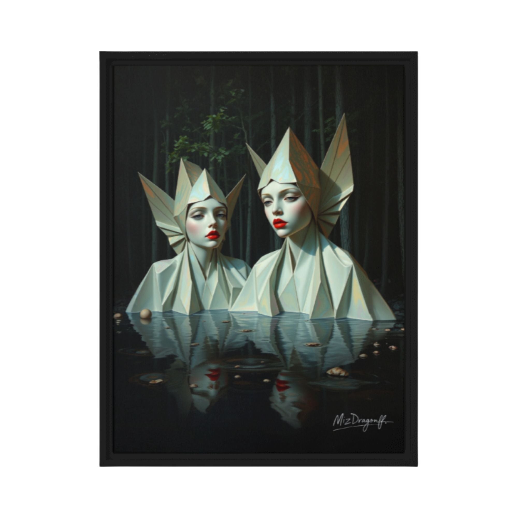 MizDragonfly Muse Artwork Featuring Two Women with Red Lips in a Forest Scenery set in Black Wood Frame on White Background