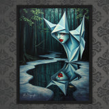 MizDragonfly Muse Artwork Featuring a Woman with Red Lips Origami Style Looking In a Pond in Forest Scenery in Wood Frame on Wallpaper Wall