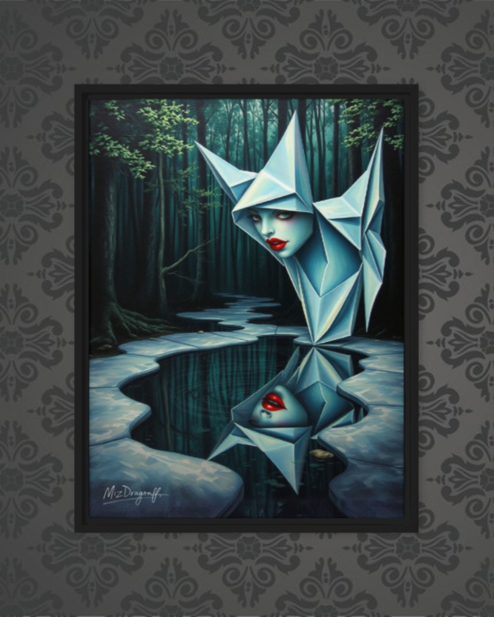 MizDragonfly Muse Artwork Featuring a Woman with Red Lips Origami Style Looking In a Pond in Forest Scenery in Wood Frame on Wallpaper Wall