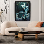 MizDragonfly Muse Artwork Featuring a Woman with Red Lips Origami Style Looking In a Pond in Forest Scenery in Wood Frame in Modern Living Room