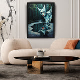 MizDragonfly Muse Artwork Featuring a Woman with Red Lips Origami Style Looking In a Pond in Forest Scenery in Wood Frame in Modern Living Room