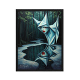 MizDragonfly Muse Artwork Featuring a Woman with Red Lips Origami Style Looking In a Pond in Forest Scenery in Wood Frame on White Background