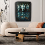 MizDragonfly Muse Artwork Featuring Three Women in a Forest Scenery in Black Wood Frame in a Modern Living Room