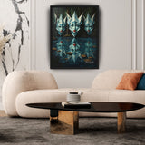 MizDragonfly Muse Artwork Featuring Three Women in a Forest Scenery in Black Wood Frame in a Modern Living Room