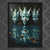 MizDragonfly Muse Artwork Featuring Three Women in a Forest Scenery in Black Wood Frame on Wallpaper Wall