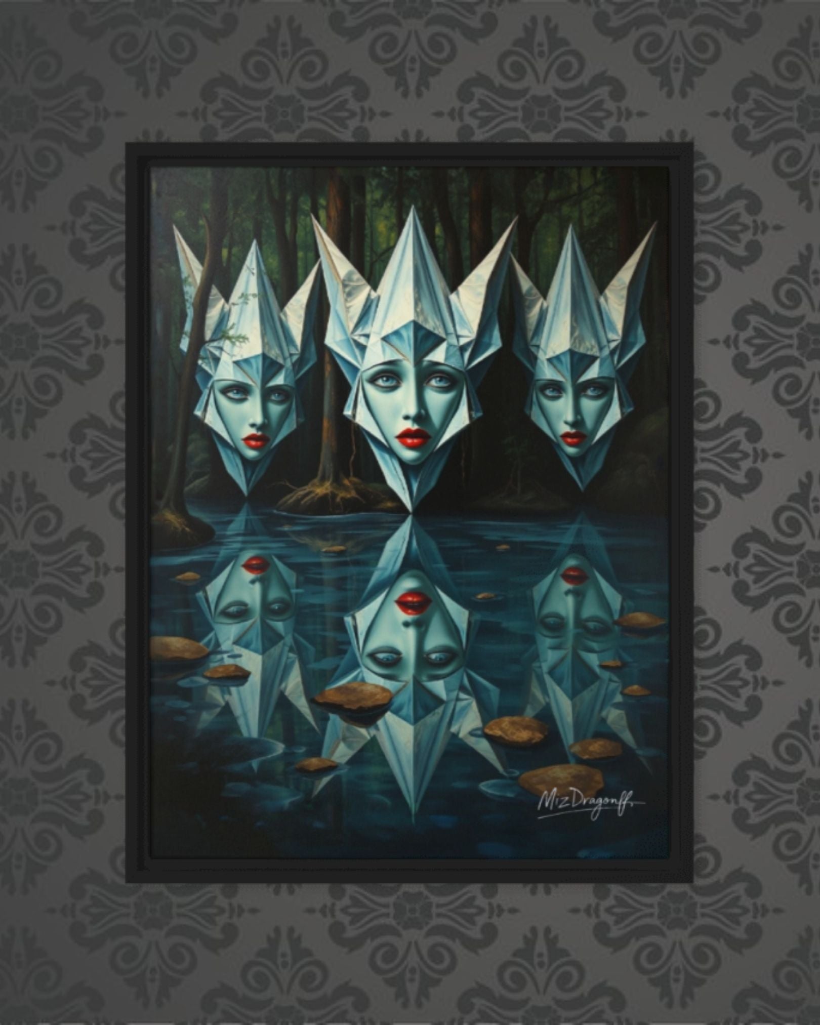 MizDragonfly Muse Artwork Featuring Three Women in a Forest Scenery in Black Wood Frame on Wallpaper Wall