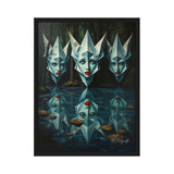 MizDragonfly Muse Artwork Featuring Three Women in a Forest Scenery in Black Wood Frame on White Background