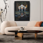 MizDragonfly Muse Artwork Featuring Women Muses with Red Lips Origami style in a Forest Scenery in Wood Frame on Modern Living Room Wall