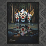 MizDragonfly Muse Artwork Featuring Women Muses with Red Lips Origami style in a Forest Scenery in Wood Frame on Wallpaper Wall