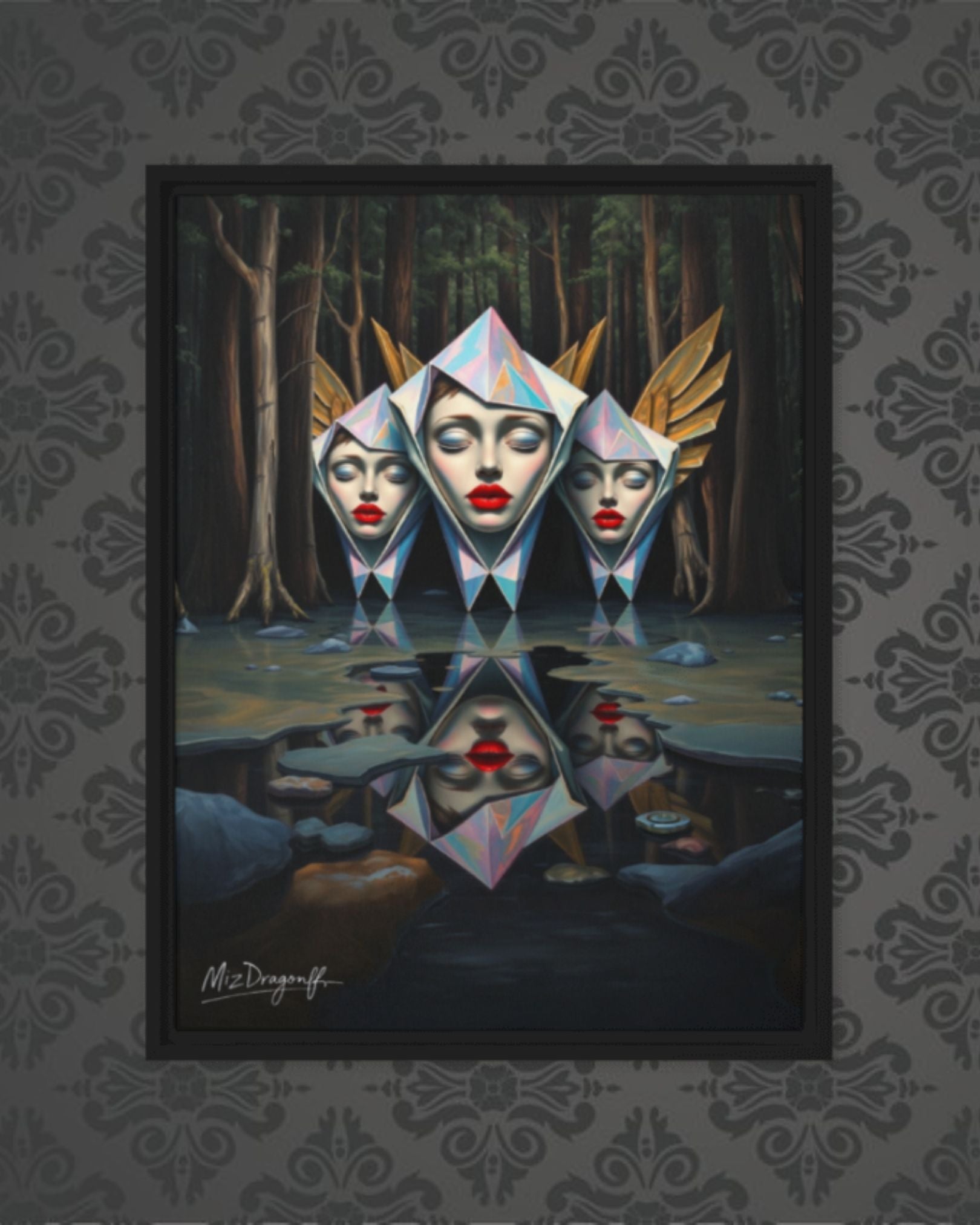 MizDragonfly Muse Artwork Featuring Women Muses with Red Lips Origami style in a Forest Scenery in Wood Frame on Wallpaper Wall