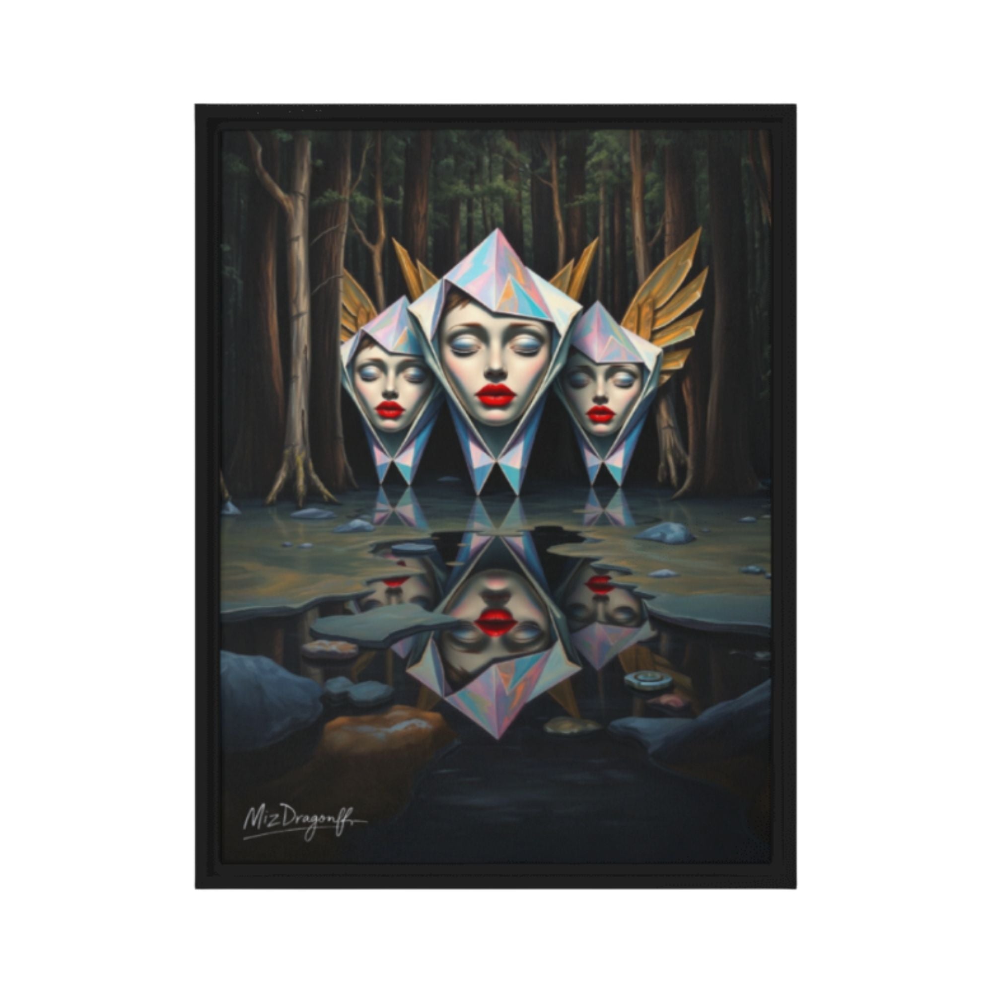 MizDragonfly Muse Artwork Featuring Women Muses with Red Lips Origami style in a Forest Scenery in Wood Frame on White Background