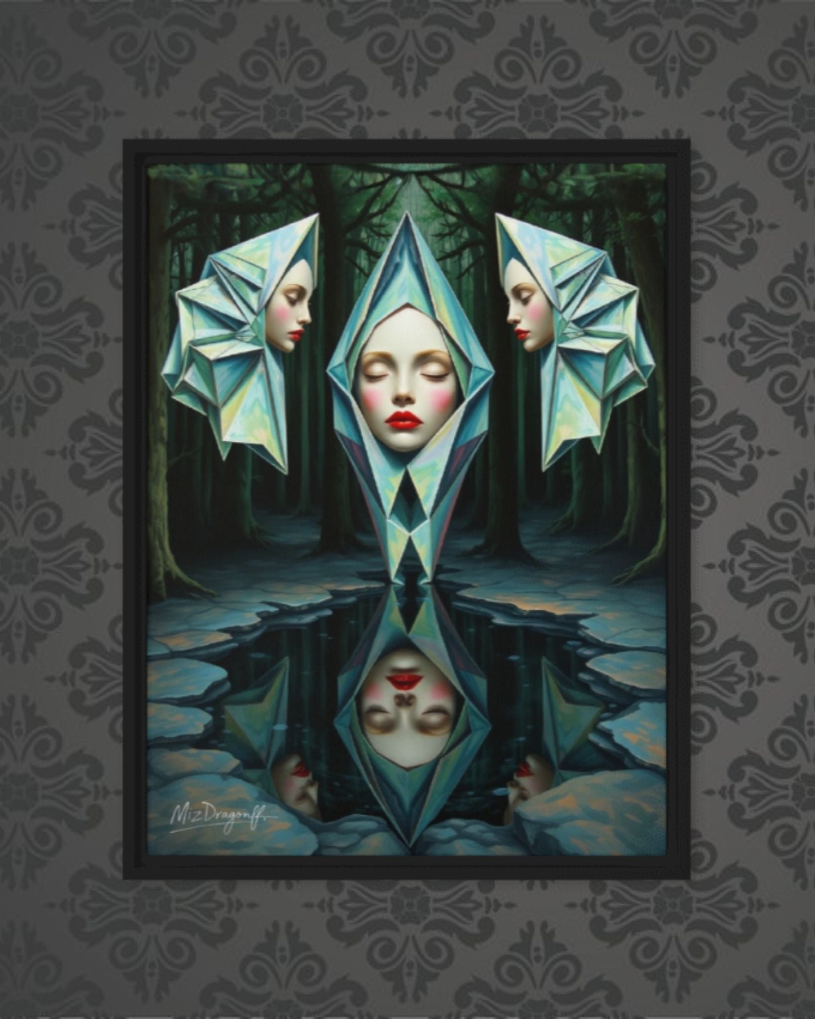 MizDragonfly Muse Trinity Angel Inspirational Artwork Wood Frame Canvas on Wallpaper