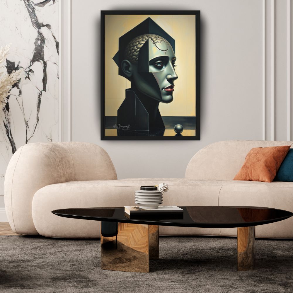 MizDragonfly Men Brain Under Hypnosis Dissociation Artwork on Canva Geometric Background in Modern Living Room