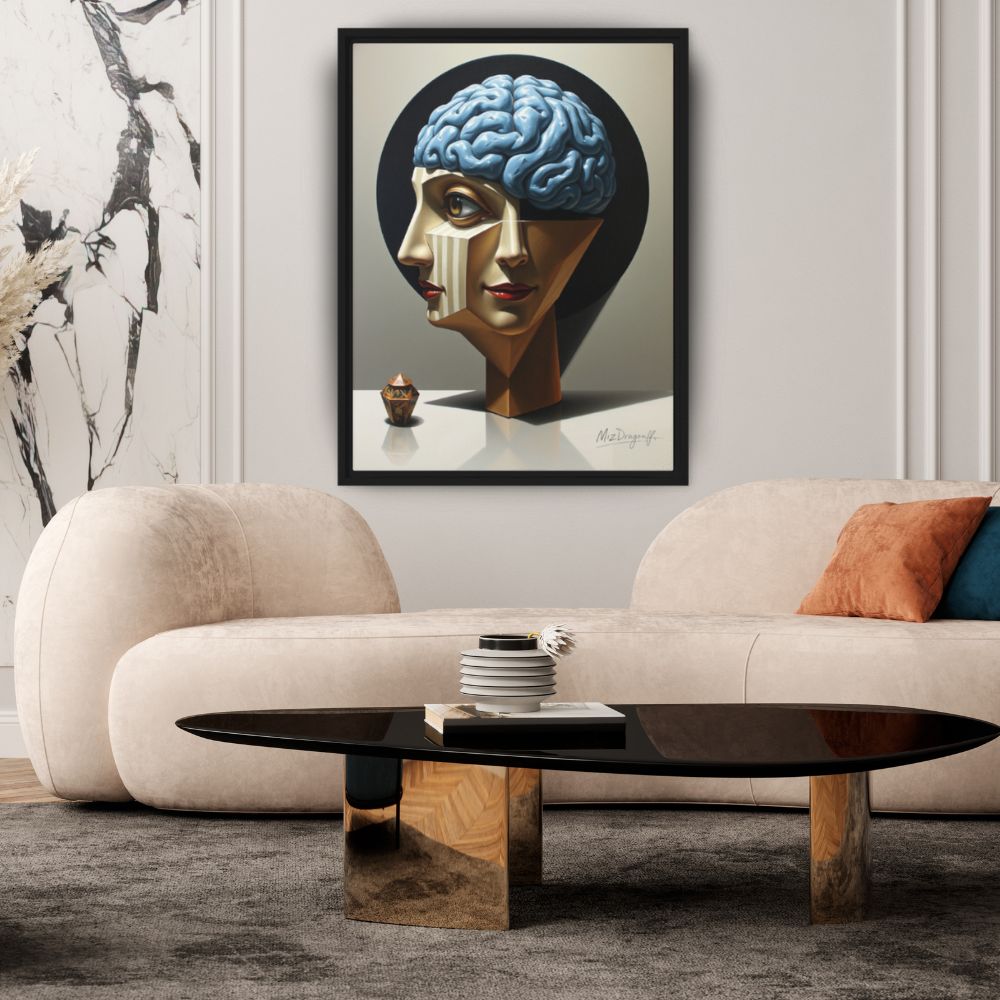 MizDragonfly Men Brain Under Hypnosis Homeostasis Artwork on Canva Geometric Background in Modern Living Room
