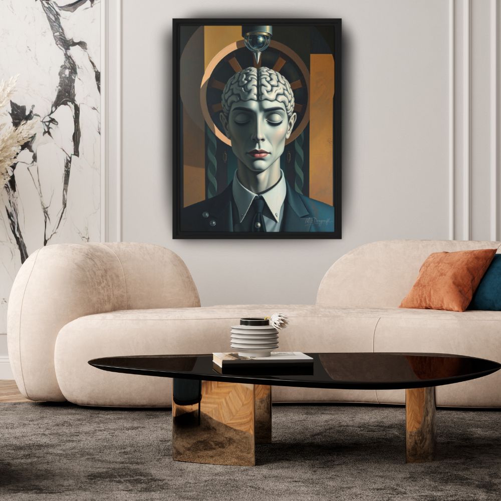 MizDragonfly Men Brain Under Hypnosis Induction Artwork on Canva Geometric Background in Modern Living Room