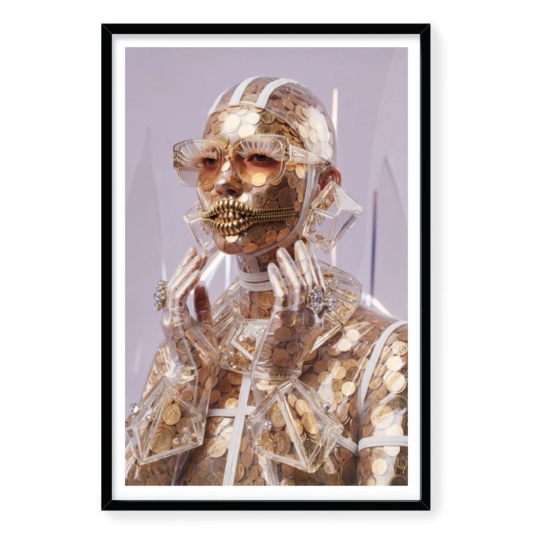 Framed artwork of a person wearing a gold and clear plastic outfit with a white background