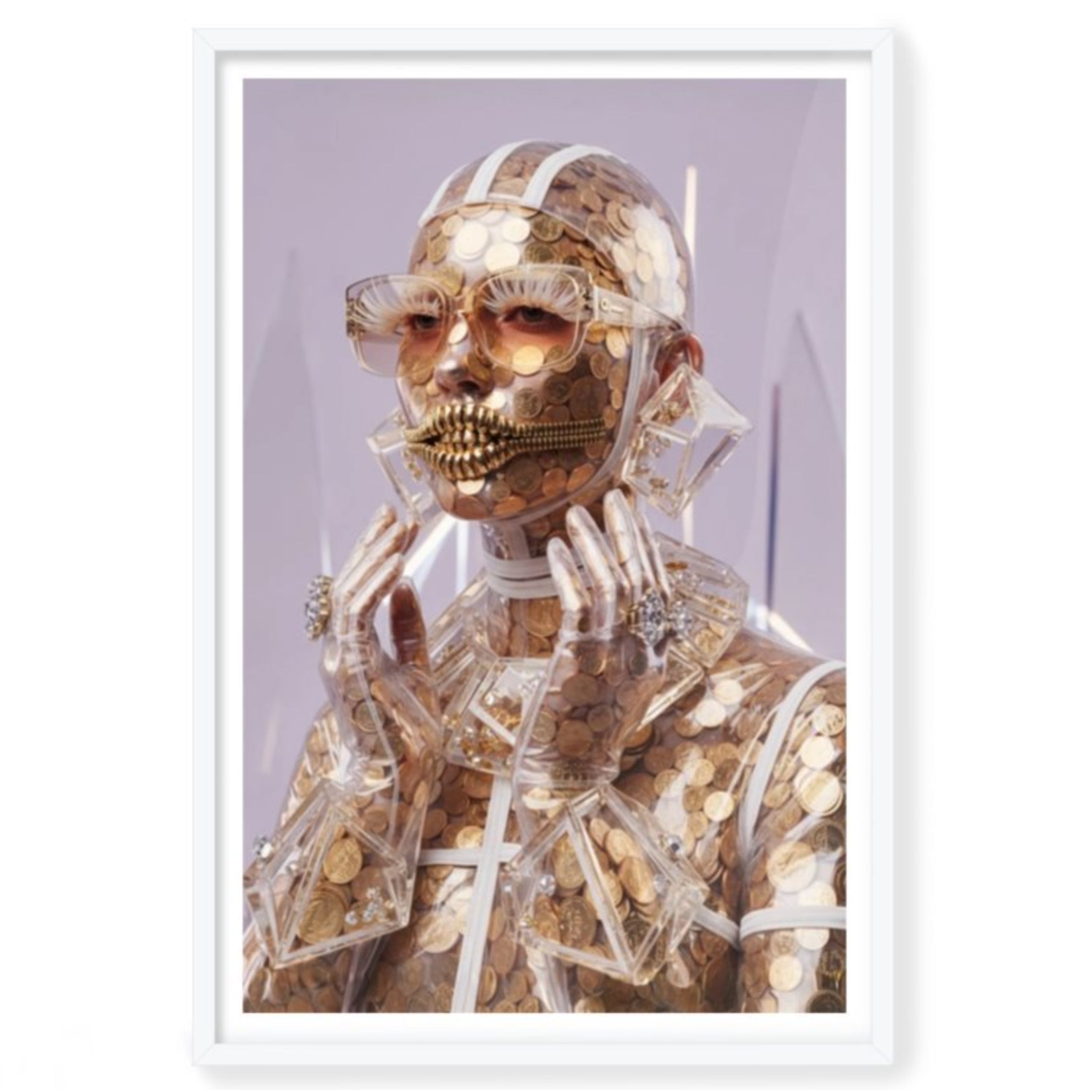 Person wearing a gold and clear outfit with a skull design on a purple background