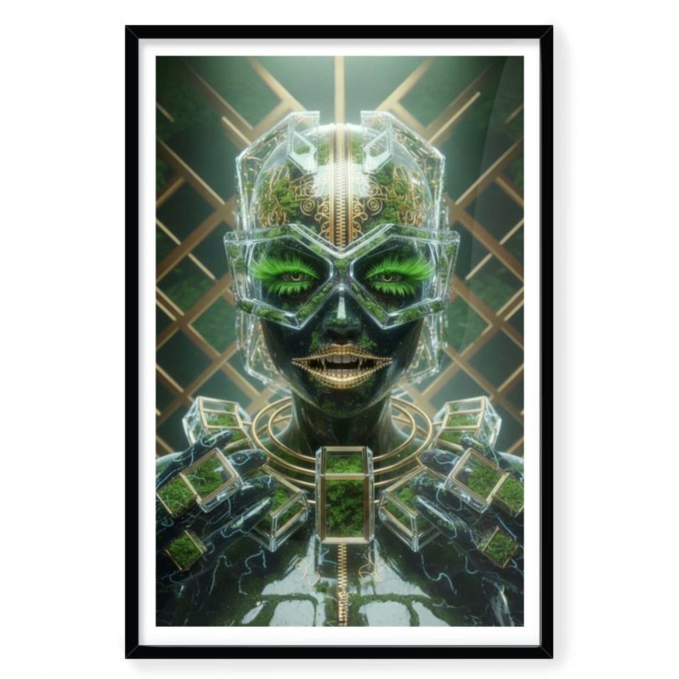 Framed artwork of a futuristic, alien-like figure with green accents on a white background