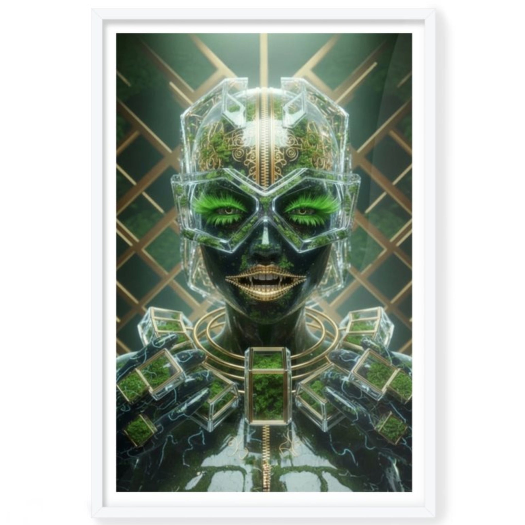 Framed artwork of a futuristic woman with green eyes and electronic accents.