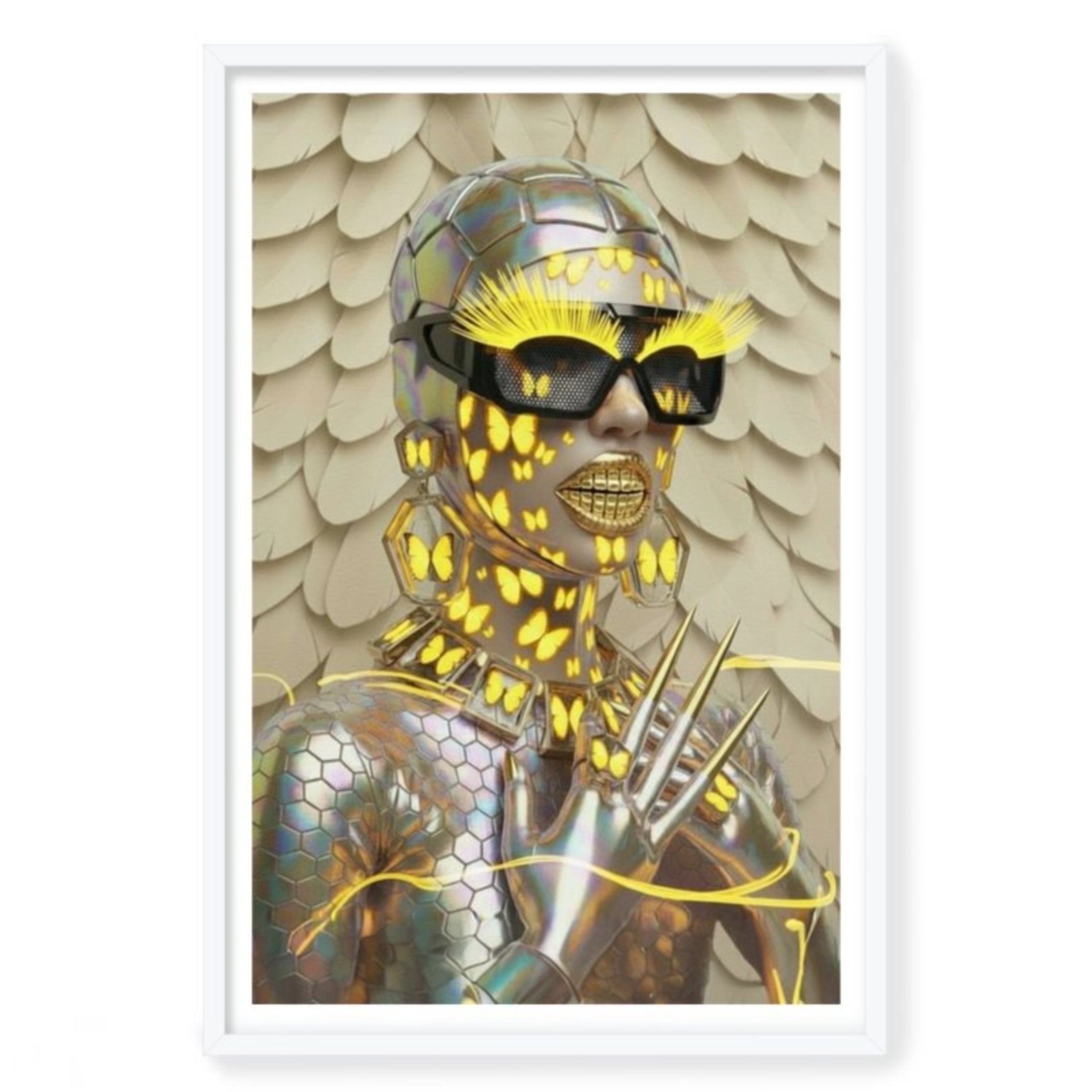 Framed artwork of a person with butterfly patterns and sunglasses on a textured background