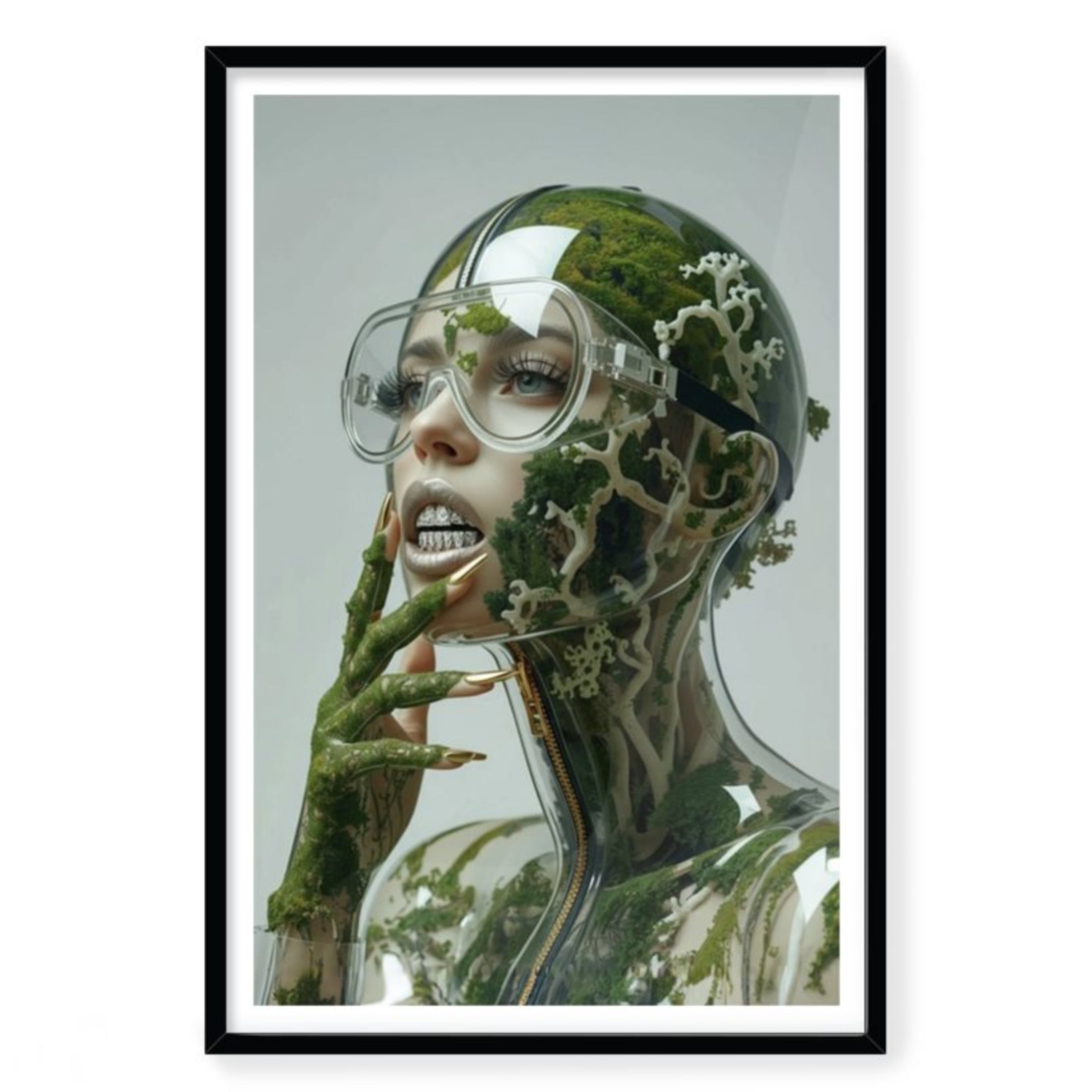 Framed artwork of a person with nature elements and glasses on a white background