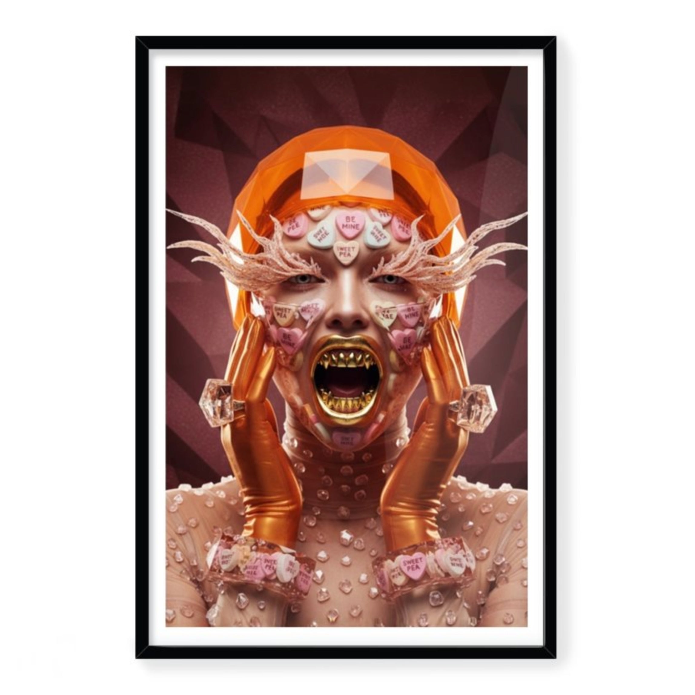 Vibrant orange and burgundy artwork featuring a woman covered in sugar hearts with cute Valentine message and gold fang teeth in black frame with white border ready to hang