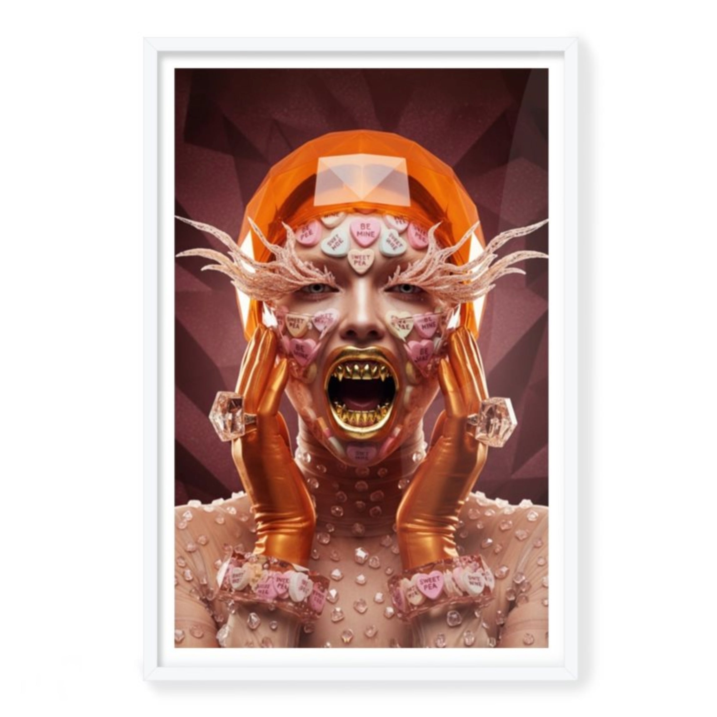 Vibrant orange and burgundy artwork featuring a woman covered in sugar hearts with cute Valentine message and gold fang teeth in white frame with white border ready to hang