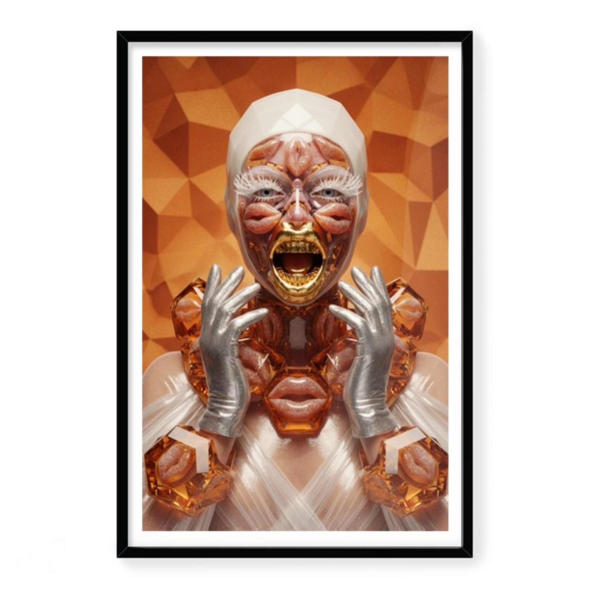 Framed artwork of a stylized figure featuring orange hot lips on the face and big lips jewelry with a geometric background in a black FSC wood frame
