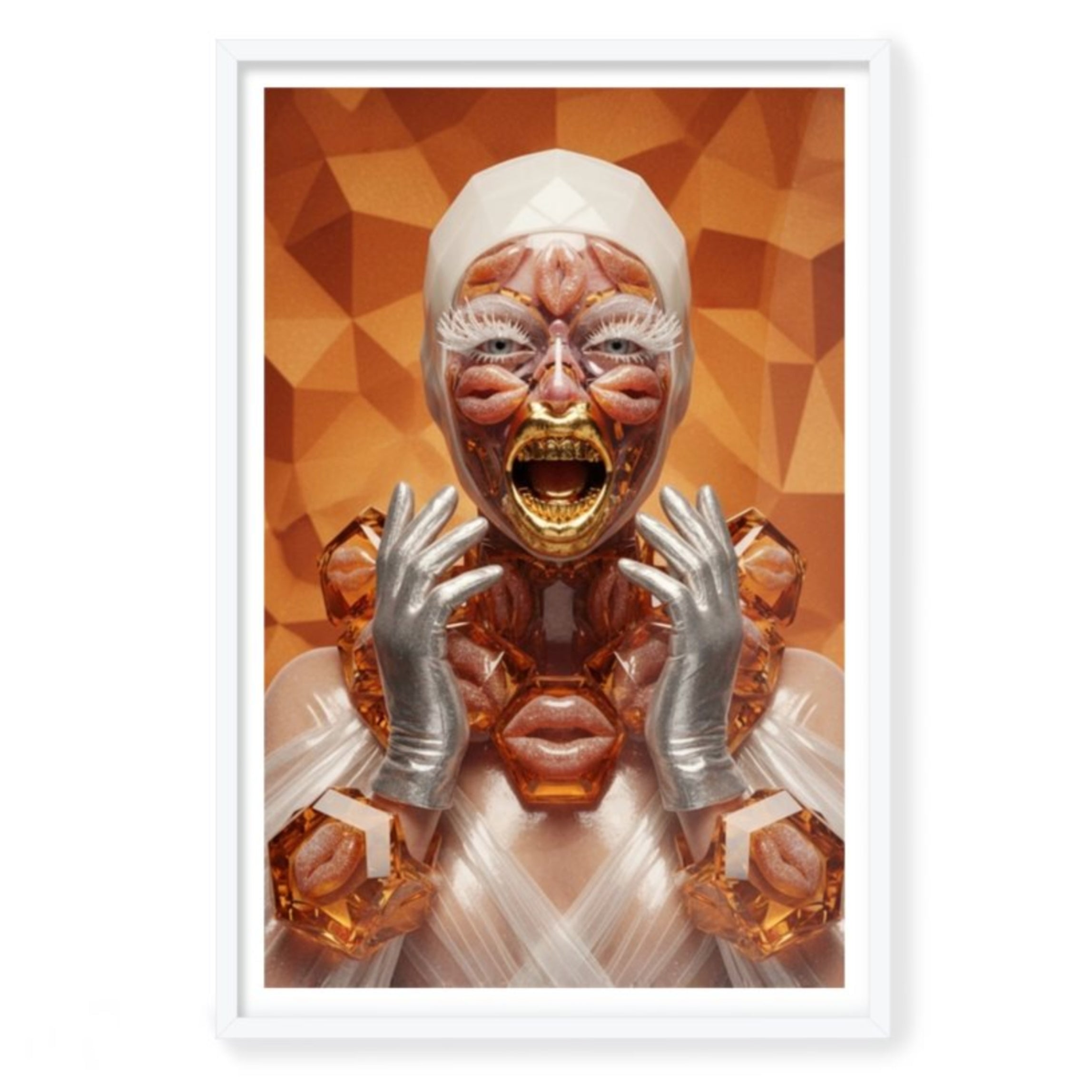Framed artwork of a stylized figure featuring orange hot lips on the face and big lips jewelry with a geometric background in a white FSC wood frame