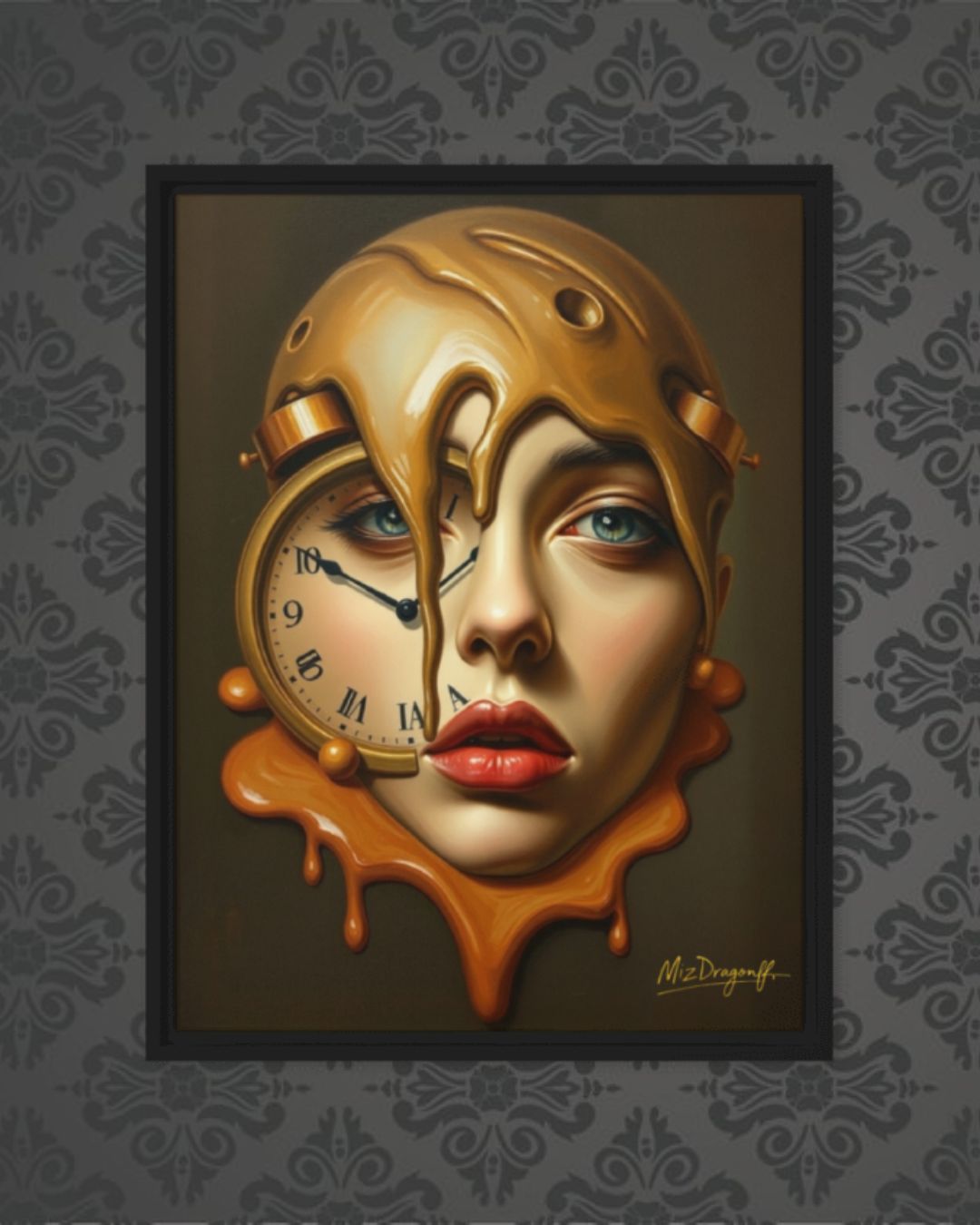 MizDragonfly Artwork Woman with Clock Face Timeless Collection Crossroads Canvas on Wallpaper