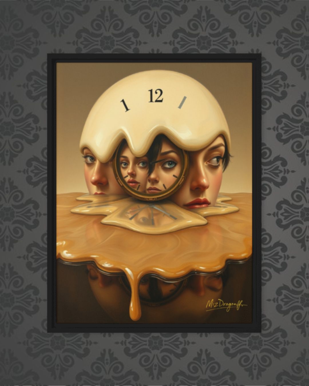 MizDragonfly Woman Faces with Clock Artwork Timeless Collection Elevent Hour Canvas on Wallpaper