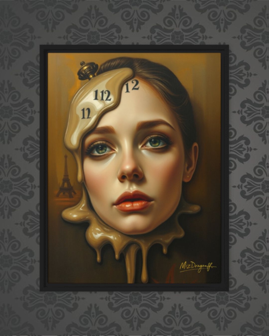 MizDragonfly Woman Face with Clock Artwork Timeless Collection Nostalgia Canvas on Wallpaper
