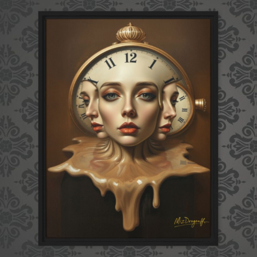 MizDragonfly Woman Faces with Clock Artwork Timeless Collection Perpetual Canvas on Wallpaper